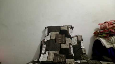 A video of a child's small, patchwork quilt featuring black, white, and gray squares, draped over a white wall. To the right, a person wearing a colorful, patterned dress stands, partially visible. The scene suggests a home setting.