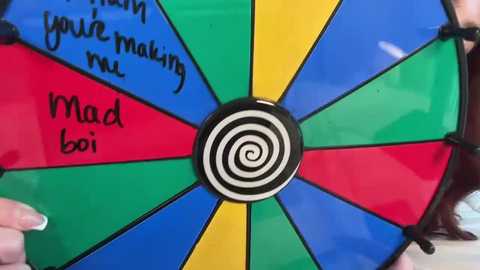 Video of a colorful, spiral-themed dartboard with sections in red, blue, green, yellow, and black. \"mad boy\" is handwritten in black ink on one segment. A person's hands hold the board.