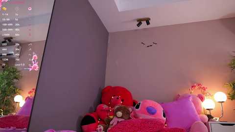 Video of a plush-filled bedroom with red and pink toys, a large mirror, and soft lighting, creating a cozy, playful ambiance.