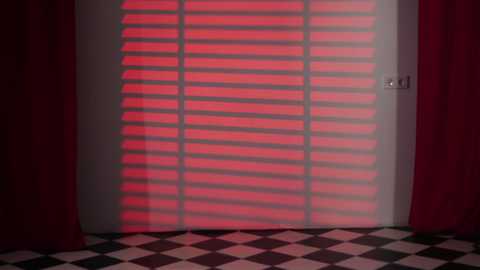 Video of a dimly lit room with a window covered by red-tinted blinds casting a warm glow, red curtains framing the window, and black-and-white checkered flooring.