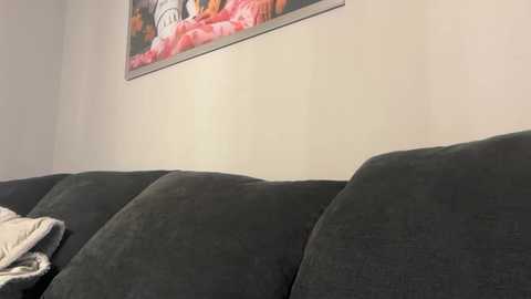 Media: Video of a cozy living room corner with a dark green, plush sofa. A beige wall displays a colorful, abstract painting with red and pink hues. A white blanket is casually draped over the sofa, adding a touch of comfort.