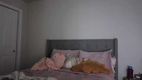 Video of a plush pink bunny lying on a bed with a grey upholstered headboard, wearing a striped shirt and a pink blanket.