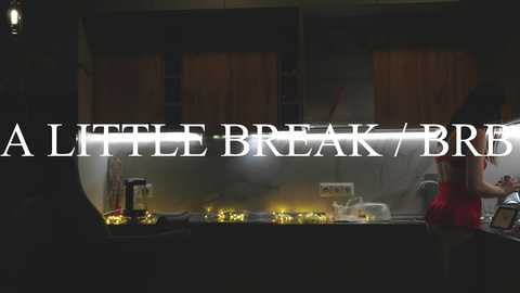 Video of a dimly lit kitchen set with wooden cabinets, a counter cluttered with appliances, and a woman in a red apron on the right. Text overlays read \"A LITTLE BREAK / BREAK.\