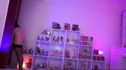 A video of a dimly-lit room with a white bookshelf displaying action figures and toys, purple lighting, and a person partially visible in the background.