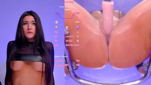 A CGI image of a woman with long dark hair, wearing a black top, positioned in a glass tube, with a realistic, detailed depiction of her vagina.