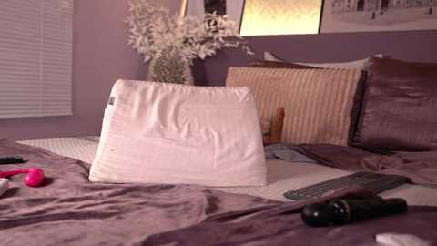 Video of a cozy bedroom with lavender walls, a bed adorned with mauve sheets, a white pillow, a wooden headboard, and a vase of white flowers. Remote controls and a pink item are scattered on the bed.