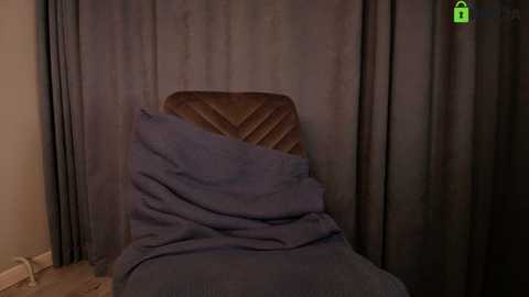 Video of a brown, tufted chair with a blue blanket partially covering it, set against dark, textured curtains in a dimly lit room.