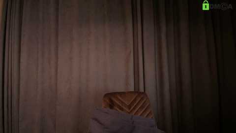 Video of a dimly lit room with a brown, patterned headboard, partially covered by a dark blanket. The background features heavy, dark curtains, creating a cozy, intimate atmosphere.