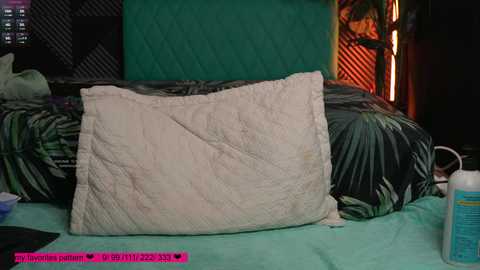 Video of a cluttered bedroom with a beige pillow on a teal bedspread, a green quilt, and a bottle of hand sanitizer on the floor. The background features dark walls and a dimly lit window.
