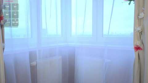 A video of a cozy, sunlit corner with white sheer curtains, pink and white flowers, and a white stool, creating a serene, light-filled atmosphere.