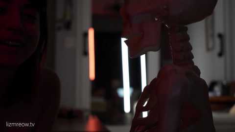 A dimly lit video shows a woman's smiling face partially obscured by a human skeleton, with a neon light in the background casting a red glow.