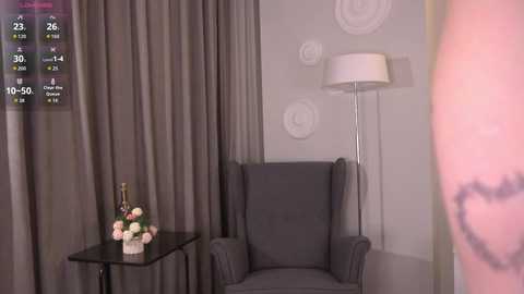 Video of a modern, minimalist room with a gray armchair, floor lamp, and a small table with a vase of flowers. Background includes gray curtains and wall art.