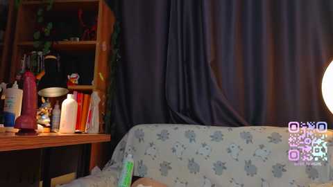 Video of a dimly lit bedroom with a dark curtain, a wooden bookshelf filled with books and toiletries, and a bed with a floral-patterned duvet.