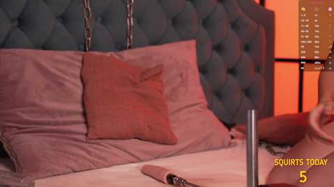 Video of a plush, dark teal tufted headboard bed with a beige pillow and a brown square pillow. Warm orange lighting.