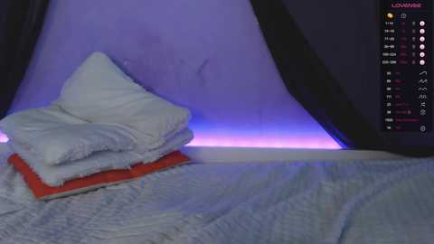 Media: Video of a cozy bedroom with a bed covered in a light blue, textured blanket. A stack of white pillows and a red cushion sits atop a red cushion. The wall behind is purple, and a Twitch stream overlay shows chat and viewer count.