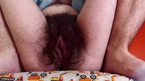 Video of a person with a bushy pubic region, lying on a bed with colorful patterned sheets. The image focuses on the genital area, capturing the labia and surrounding pubic hair.