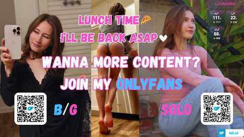 A collage of three photos featuring a woman in different poses: holding a phone, in a kitchen, and sitting in a garden. Text overlays with a QR code, promoting an OnlyFans account.