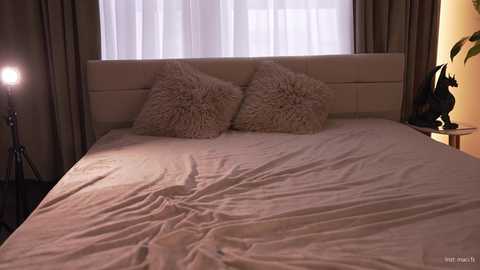 Video of a modern, cozy bedroom with a beige tufted headboard, two fluffy pillows, beige bedding, sheer white curtains, and a black lamp with a dragon-shaped base.