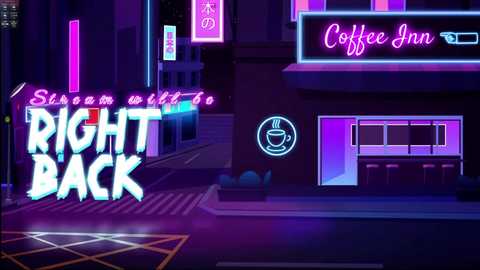 A vibrant, neon-lit digital artwork depicting a futuristic cityscape with glowing signs for \"Coffee Inn\" and \"Right Back\" in neon pink and purple. The scene is set at night with a coffee shop in the background.