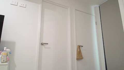 Video of a minimalist bathroom with white walls, two white doors, a silver towel rack, and toiletries on a shelf, featuring a beige towel and various bottles.