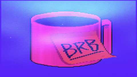 Pixelated digital drawing of a pink coffee cup with \"BKB\" written on it, against a gradient blue background with vertical lines.