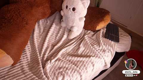 Video of a cozy bedroom scene featuring a white plush cat toy on a beige knitted blanket, surrounded by plush brown and orange pillows. A black remote control and a red object are visible in the background.