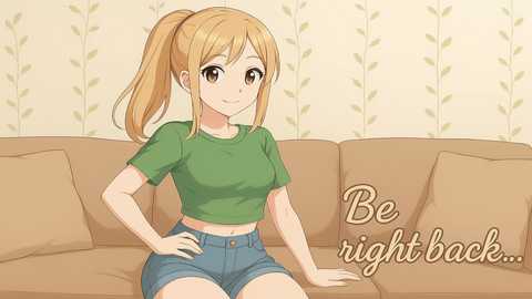 Anime-style digital drawing of a cute, blonde-haired girl with a ponytail, wearing a green crop top and denim shorts, sitting on a beige couch, with the words \"Be right back...\" in the corner.