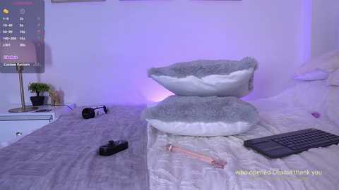 A video of a minimalist bedroom with a plush gray and white shark pillow on a bed, surrounded by a gray duvet, a keyboard, headphones, and a plant. The room has a purple light glow.