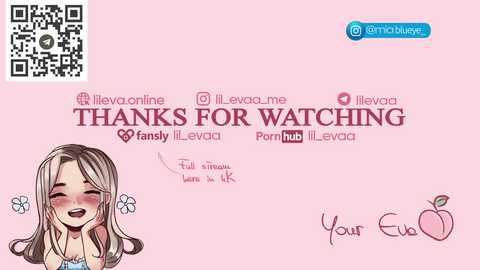 A digital illustration featuring a smiling anime girl with long hair and blush cheeks, surrounded by social media icons and a QR code.