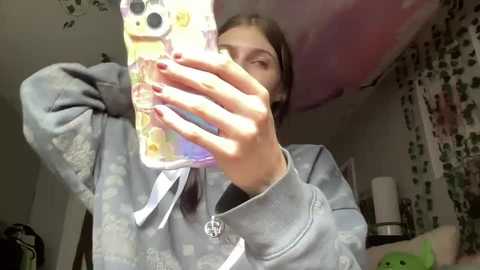 A selfie of a woman with dark hair, wearing a gray hoodie, taking a mirror selfie with her phone, in a room with pink and green decorations.