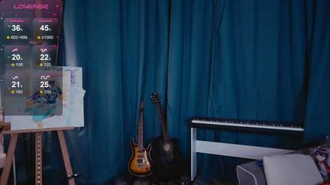 Media: Video of a dark, blue-curtained room with a guitar stand holding a brown electric guitar. An acoustic guitar leans against it. A keyboard sits on a white stand. A screen displays \"LOVE ME\" and various song statistics.