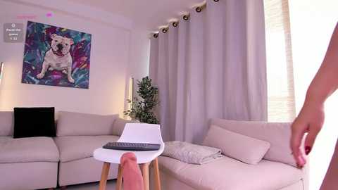 Video of a modern living room with a beige sectional, white chair, colorful abstract painting, curtains, and a person holding a remote.