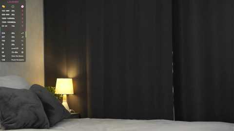 Media: Video of a modern bedroom with a dark gray, textured headboard, a lit bedside lamp on a wooden nightstand, and a gray comforter on a bed.