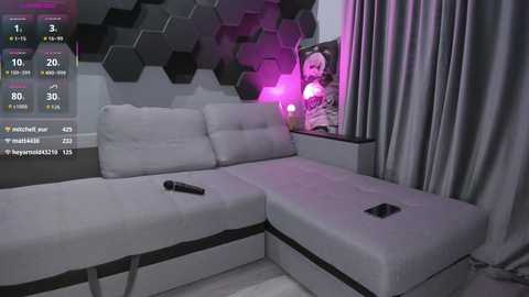 Video of a modern, minimalist living room with a gray sectional sofa, a hexagonal-patterned wall, and a woman's portrait behind curtains. A TV remote lies on the couch.