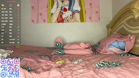 Video of a messy bedroom with pink bedding, a cartoon anime poster, and scattered clothing.