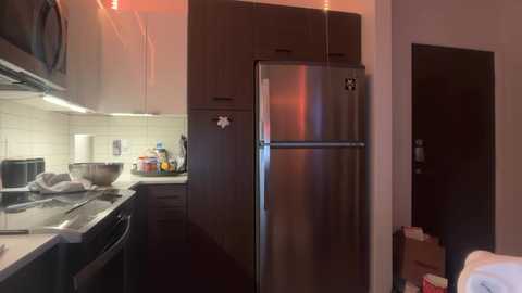 Video of a modern, compact kitchen with a stainless steel fridge, black countertops, white tiled backsplash, black cabinets, and a microwave. The adjacent room is a dark hallway with a wooden door.