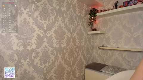 Video of a modern bathroom with a floral wallpaper, white shelves holding plants, a towel rack, and a grey cushioned bench.