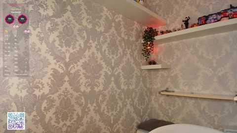 Media: A video of a bathroom with a textured, floral wallpaper in beige and gray tones. There's a white floating shelf with a potted plant and decorative items. A QR code is in the bottom left corner.