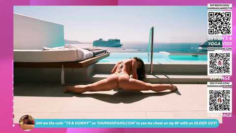 A video of a fit, nude woman performing a split on a sunlit balcony overlooking a sea, with QR codes and text overlay.