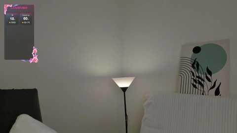 Video of a minimalist bedroom with a standing lamp, white bed, and a wall-mounted smart device displaying a weather forecast.