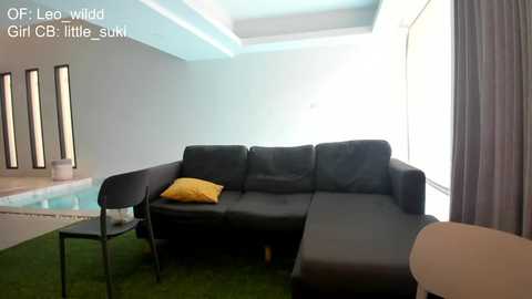A modern, minimalist living room with a black sectional sofa, a yellow throw pillow, and a green shaggy rug. The room has large windows and a glass table, with a white chair partially visible.