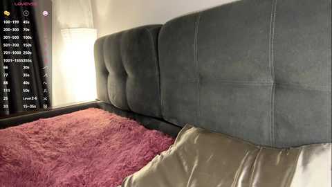 Video of a modern, dark gray, tufted headboard against a plush, maroon shag rug in a minimalist bedroom. A white curtain and a tall, cylindrical lamp provide soft lighting.