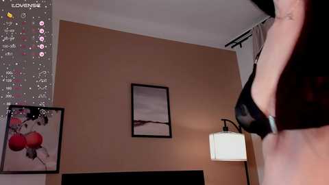 Video of a woman in a black bra, standing in a dimly lit room with beige walls, a white lamp, and a framed abstract painting on the wall.