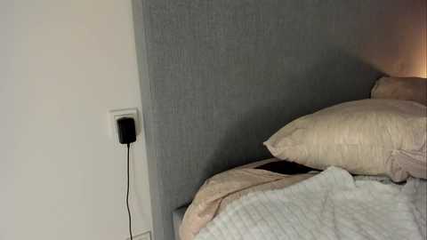 Video of a minimalist bedroom corner, featuring a gray upholstered headboard, a white wall, a beige bedspread, and a plugged-in black power outlet.