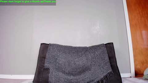 Video of a grey, fluffy dog bed with black trim on a wooden floor. A green text overlay says, \"Please about left a tip of a dollar or more than a dollar, thanks.\