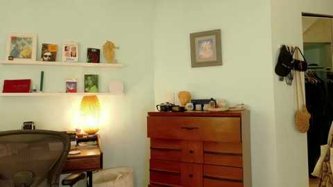 A cozy bedroom corner with light green walls, wooden furniture, a bookshelf, a lamp, a framed picture, a wooden dresser, and hanging coats.