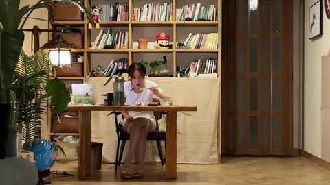 Video of a cozy study with a woman sitting at a wooden desk, surrounded by bookshelves, plants, and a red helmet, wearing a white top and beige pants.