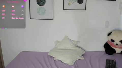 Media: A video of a simple bedroom with a white wall featuring a digital projector screen, a teddy bear, and framed art.