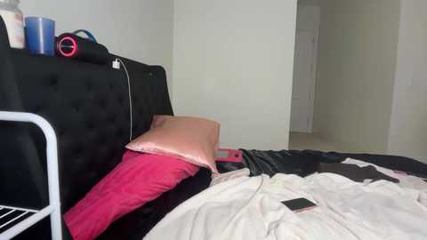 Video of a messy bedroom with a black tufted headboard, disheveled white and pink bedding, a pink pillow, black and white pillows, and a blue water bottle on the bedside table.
