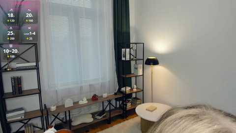 Video of a modern, minimalist living room with a black metal shelf, white curtains, a beige sofa, and a tall floor lamp.